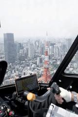 Private Helicopter Tour of Tokyo A person's hands on the controls of a helicopter cockpit with a view of the Tokyo Tower and city skyline.