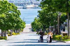 A couple stands on an empty, tree-lined street with electric scooters, overlooking the city and bay in Hakodate, Japan.