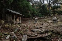 A rustic wooden shrine and stone statues of Jizo Bosatsu sit amidst a dense forest floor covered in fallen leaves and moss.