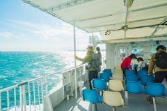 A group of tourists on a ferry boat enjoy a sunny day at sea, with bright blue water and a clear sky.
