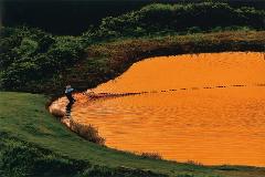 A fisherman in a conical hat casts a net in a pond reflecting the warm glow of sunset.