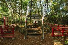 A tranquil forest shrine features a torii gate, miniature shrines, and red fencing, with Japanese banners fluttering in the breeze.