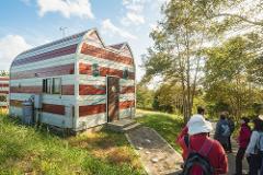 A group of tourists on a guided walking tour admire a quirky, cat-shaped building on a sunny day.