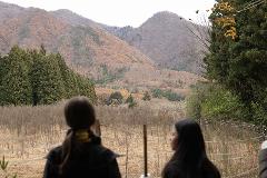 Two women look out at a fall landscape in Nikko National Park, with mountains displaying autumn colors and pine trees in the foreground.