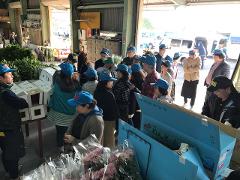 A group of people wearing blue hats are gathered inside a warehouse-like space, with boxes and flowers visible in the foreground.