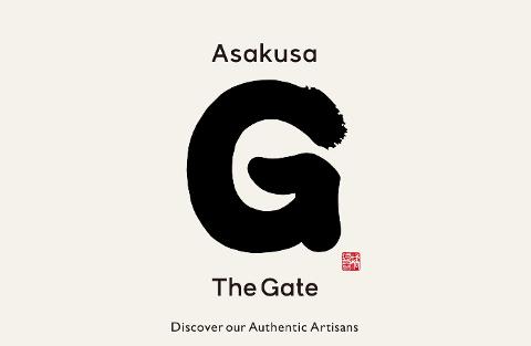 The image is a minimalist design featuring the word "Asakusa" above a large black brushstroke of the letter "G", with "The Gate" and "Discover our Authentic Artisans" below, and a small red Japanese seal.