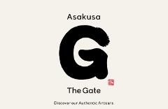 The image is a minimalist design featuring the word "Asakusa" above a large black brushstroke of the letter "G", with "The Gate" and "Discover our Authentic Artisans" below, and a small red Japanese seal.