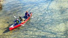 Three people are paddling a red canoe down a clear, shallow river, enjoying a scenic exploration adventure.