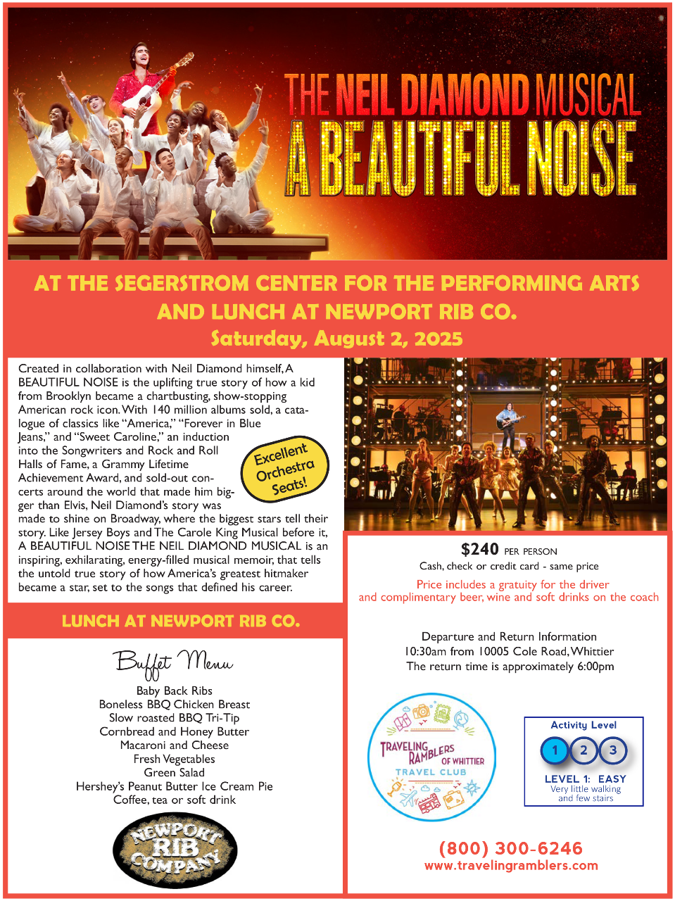 "A Beautiful Noise: The Neil Diamond Musical" with Lunch at Newport Rib Co. - Traveling Ramblers of Whittier