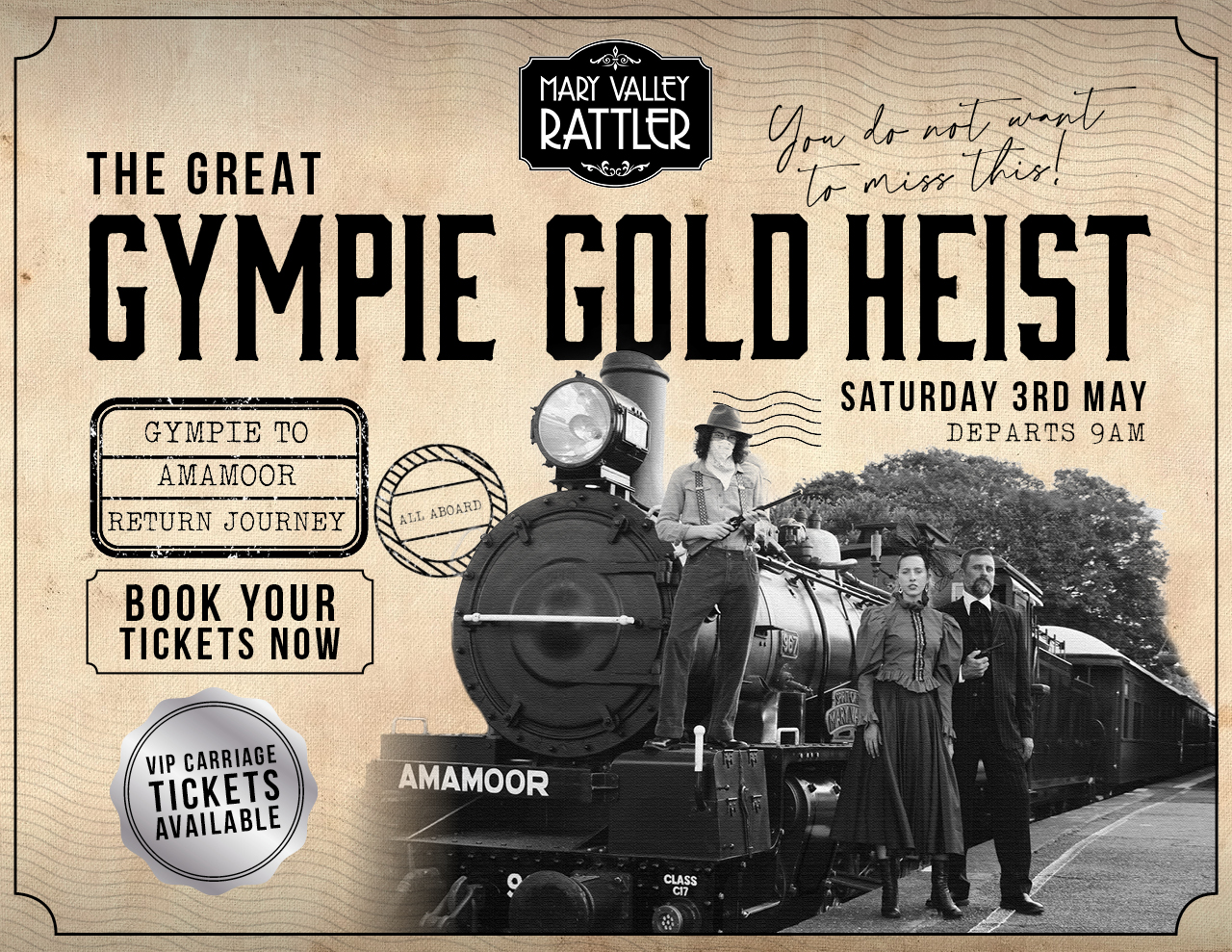 VIP Great Gympie Gold Heist - Departs Saturday 3rd May - Gympie to Amamoor (Return)