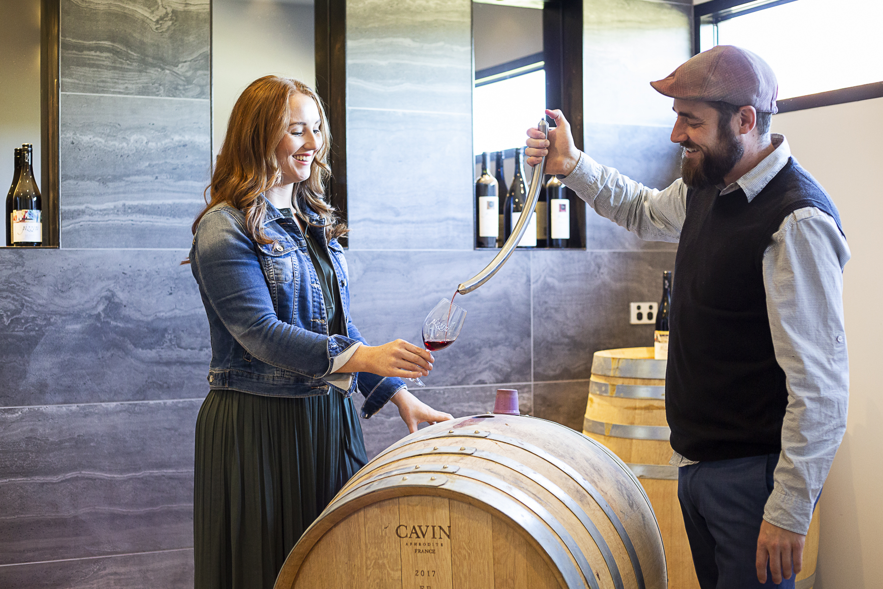 Pizzini Wines Barrels and Proscuitto, wine tasting from barrel