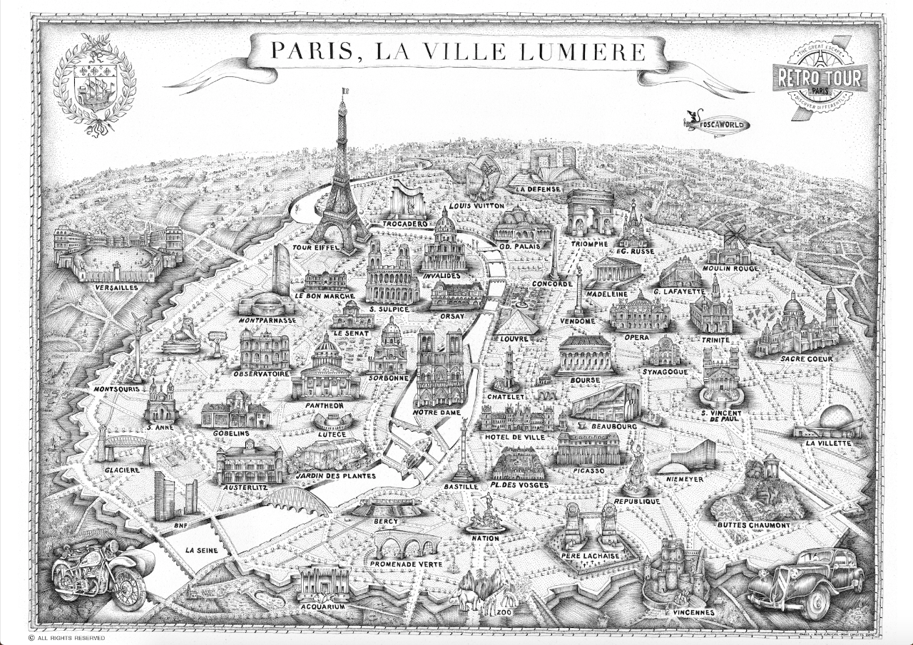 PARIS MAP By RETRO TOUR 11.5 x 16.5 inches (297 x 420 mm) FREE SHIPPING