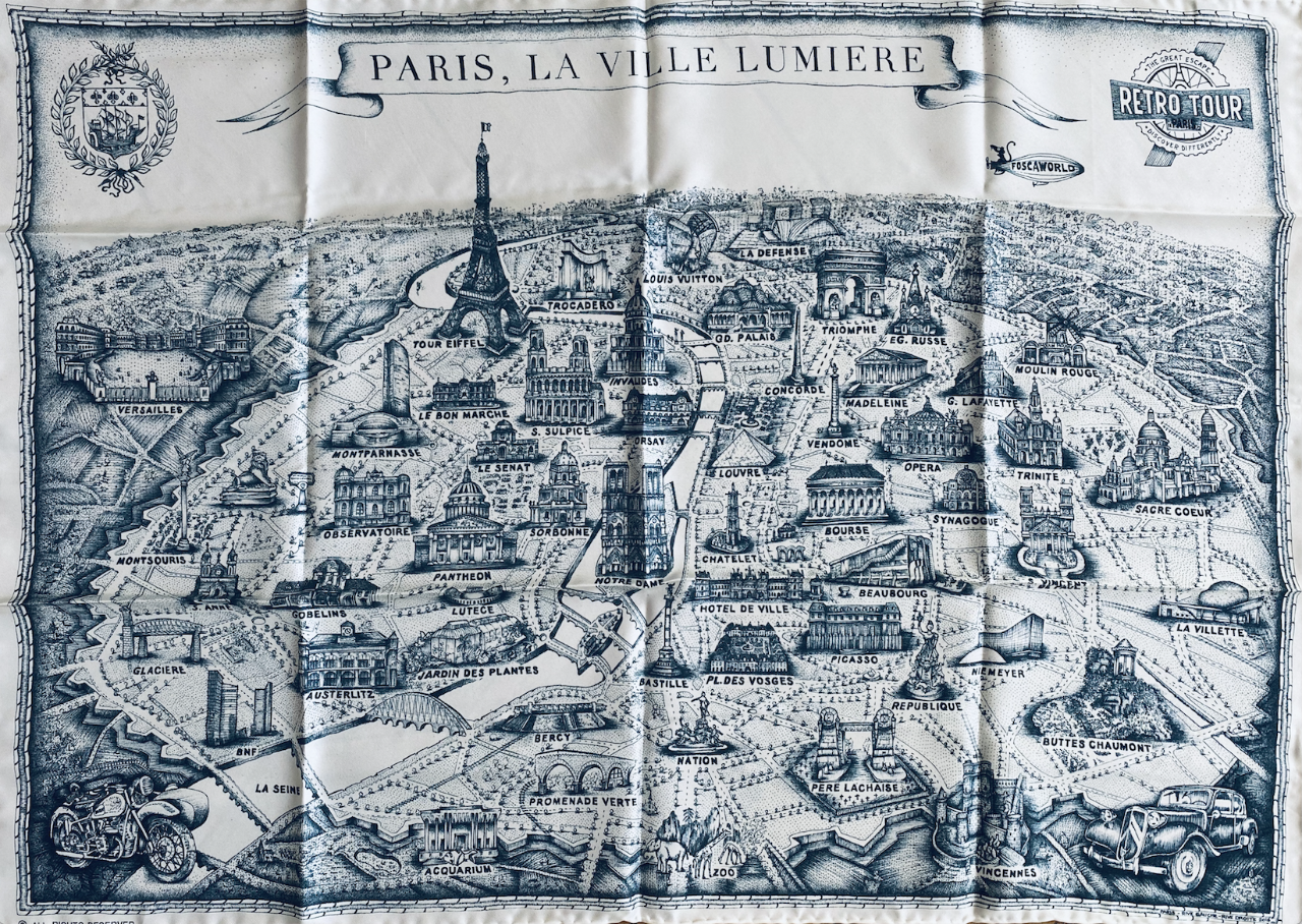 UNIQUE SCARF 100% SILK HANDMADE WITH OUR VINTAGE PARIS MAP PRINTED (FREE SHIPPING)
