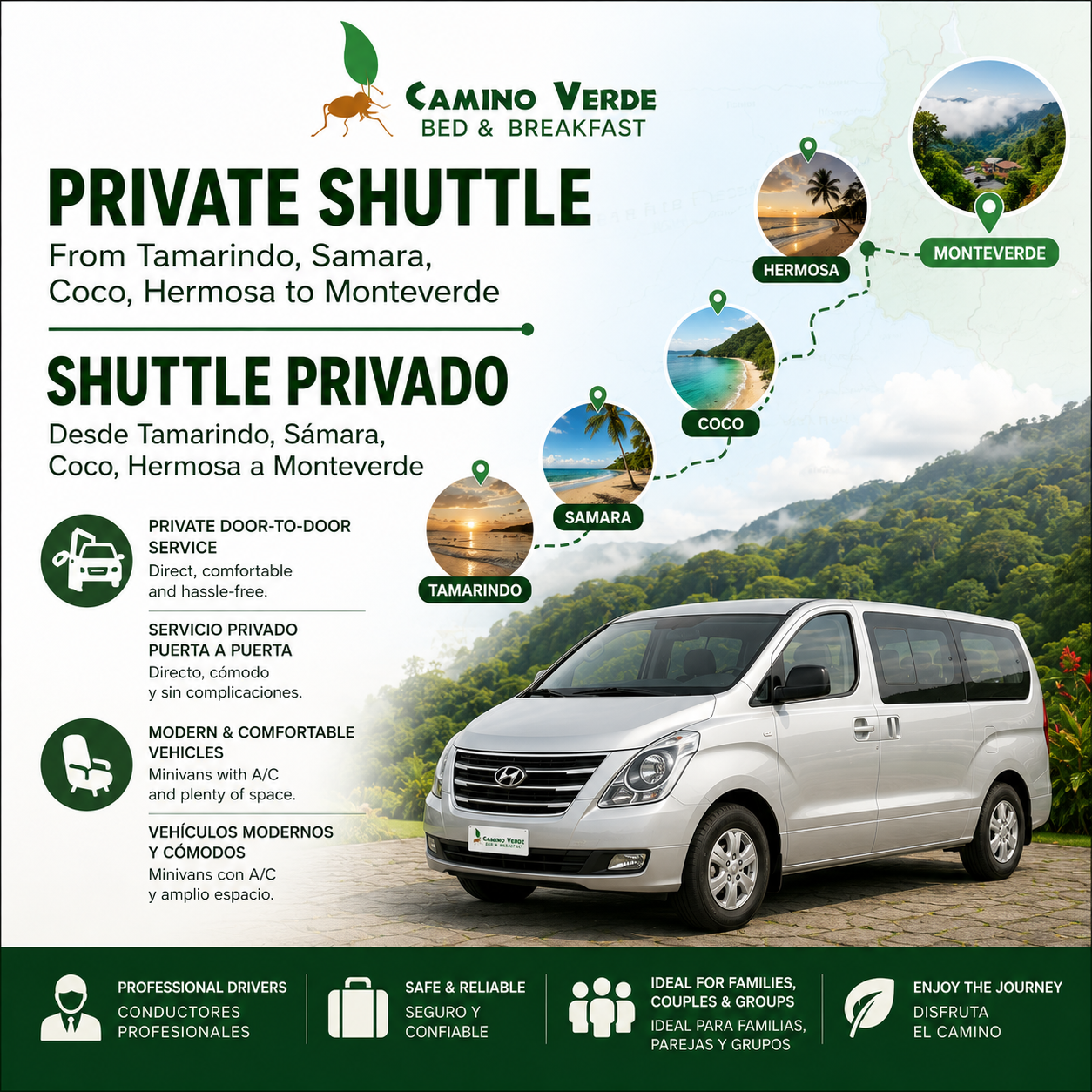 Private Shuttle Tamarindo, Samara, Coco, Hermosa to Monteverde