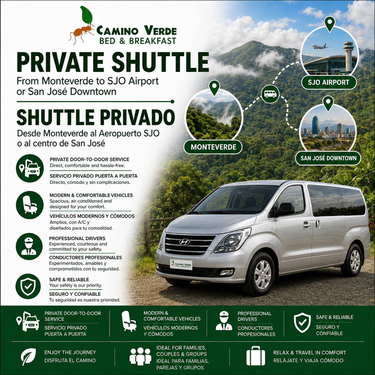 Private Shuttle Monteverde to San Jose Downtown OR  Airport ( SJO)