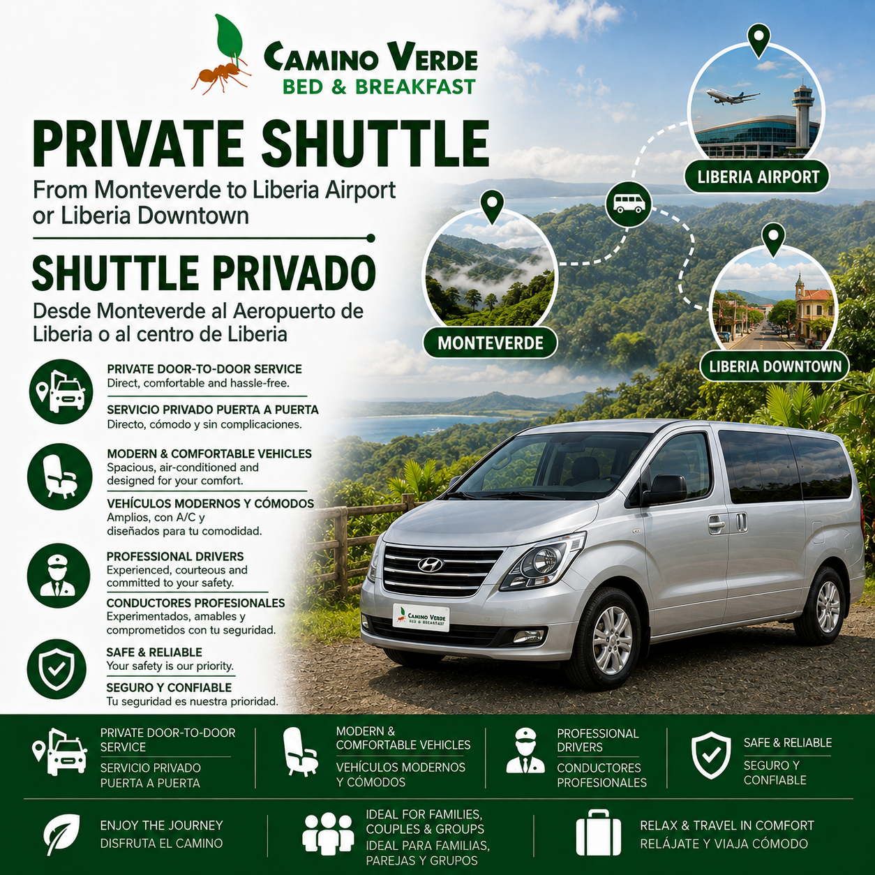 Private Shuttle Monteverde to Liberia airport or Downtown