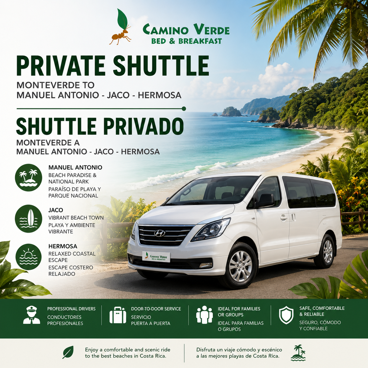 Private Shuttle Monteverde to Manuel Antonio - Jaco - Hermosa