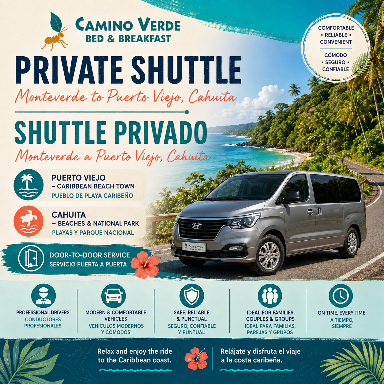 Private shuttle  Monteverde to Puerto Viejo, Cahuita 